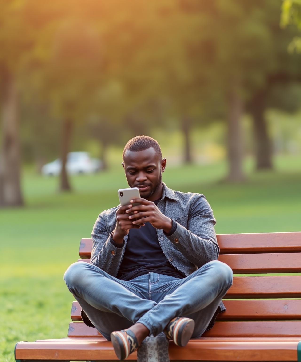 A man using the Gimble app on a park bench in soft morning light
