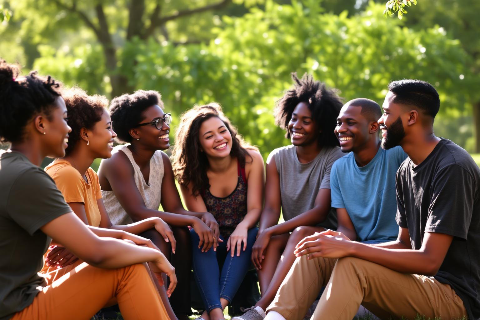 Group of African friends sitting and laughing together outdoors