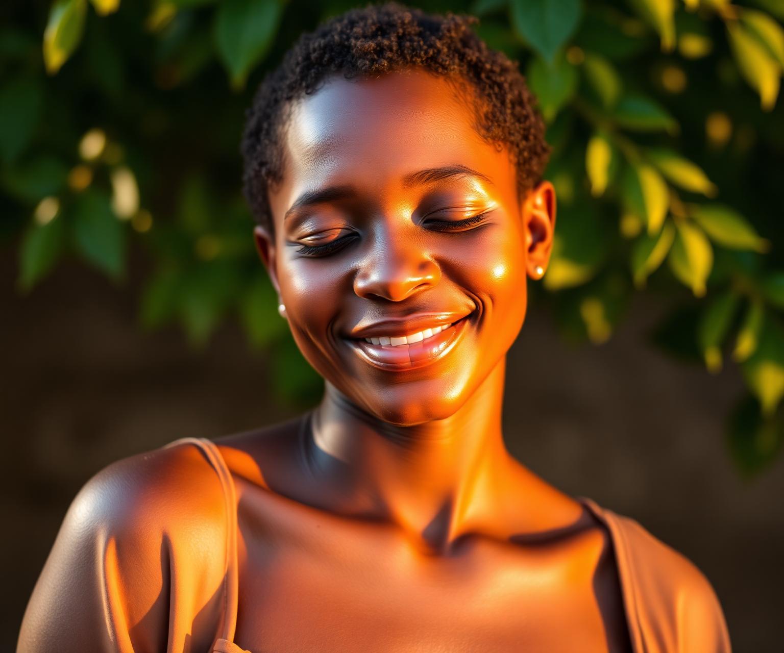 A young African woman smiling softly in golden sunlight